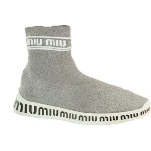 Miu Miu Silver Lurex Sock Sneakers Silver Glitter Fabric $745